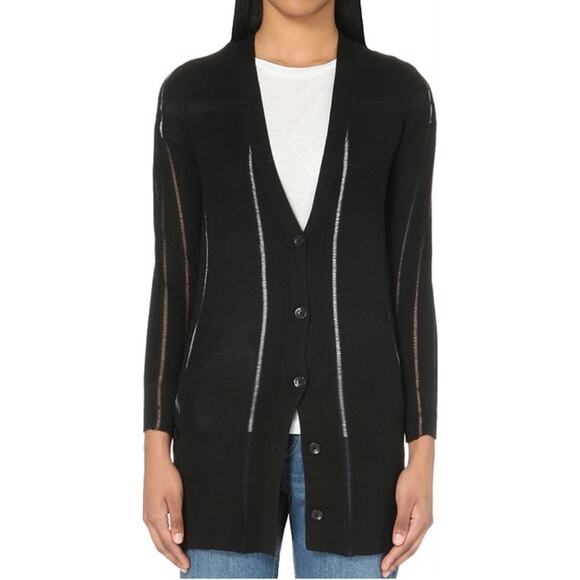 Maje Madrilene Cardigan Wool Blend V Neck Openwork Knit Sweater, Black - Picture 1 of 13